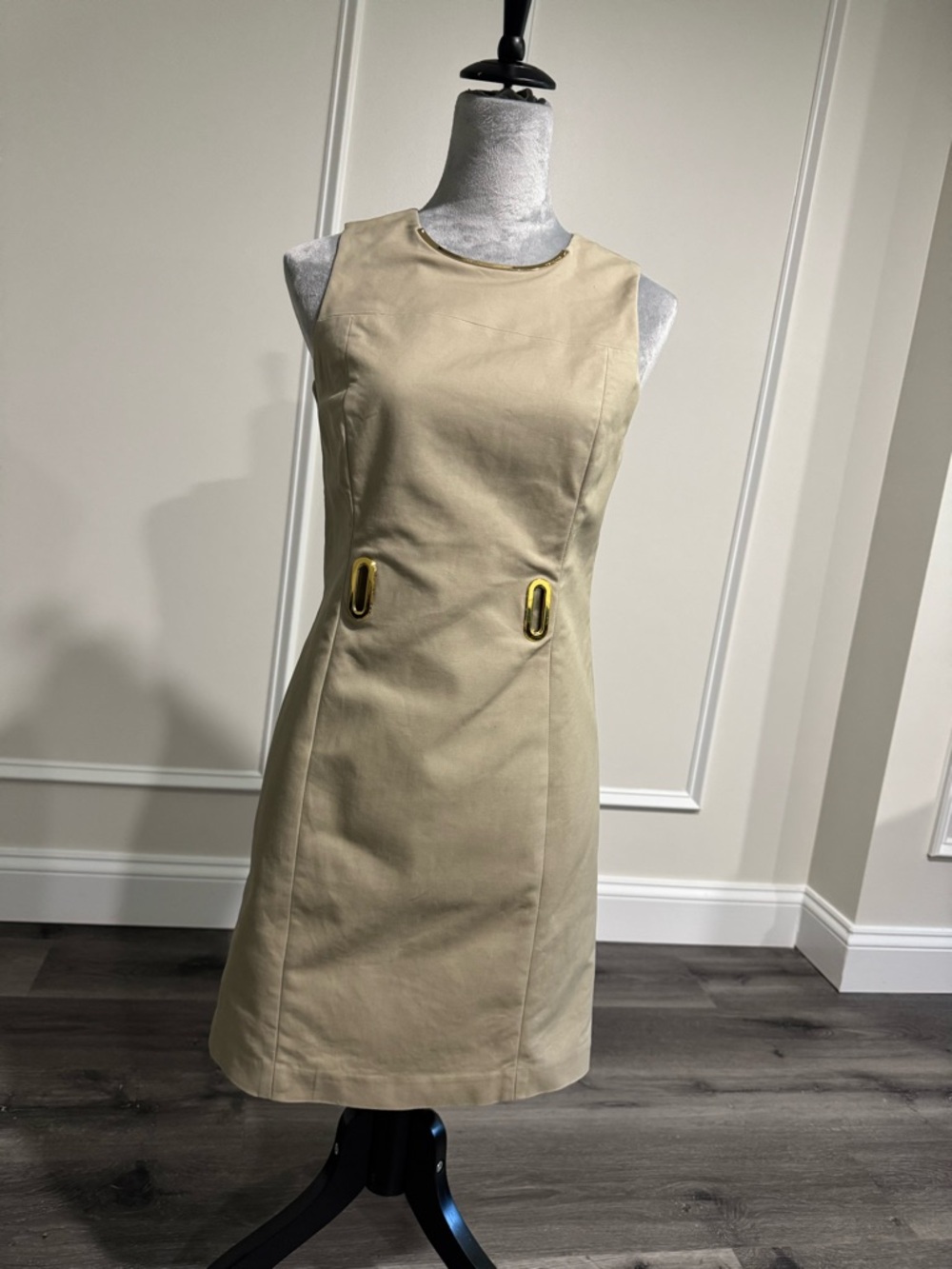 Michael Kors Beige Midi Shift Dress with Gold Hardware